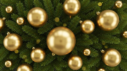 Holiday Decoration, Golden Christmas Ornaments on Green Pine Tree, Close-Up View, Festive Background with Soft Lighting