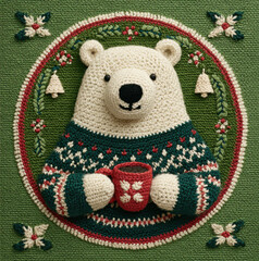 FestiveCozy crochet polar bear in festive sweater holding mug on embroidered green background. Perfect for holiday ads, winter greetings, or seasonal craft promotions.