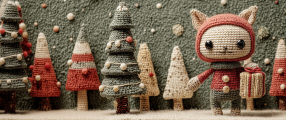 Festive crochet toy cat in forest of knit Christmas trees, holding a wrapped holiday present..Use in Christmas ads, cozy home decor posts, or craft tutorials.