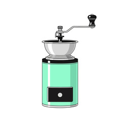 Detailed illustration of a vintage manual coffee grinder with elegant design elements