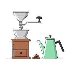 Vintage Coffee Grinder and Kettle Illustration Depicting Classic Beverage Preparation