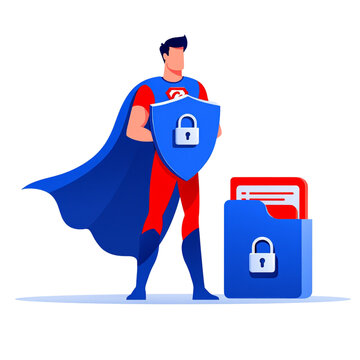 Data Guardian: A superhero representing data security and protection, standing guard over a secure digital file folder, emphasizing privacy and safety.