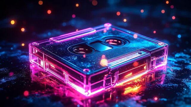 Abstract Audio Cassette Tape Glowing in Vivid Pink and Blue on Dark Background with Glittering Sparkles
