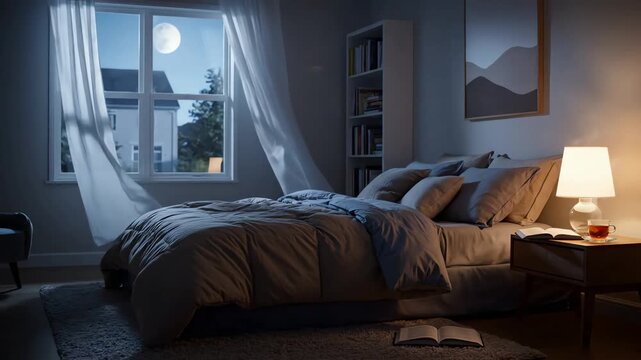 Cozy bedroom scene at night with moonlight streaming through the window and a bedside lamp illuminating a book and tea