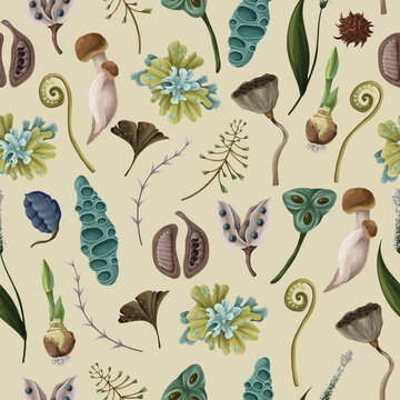Rewild moss root organic soil earthy raw botanical elements eco seamless vector pattern design