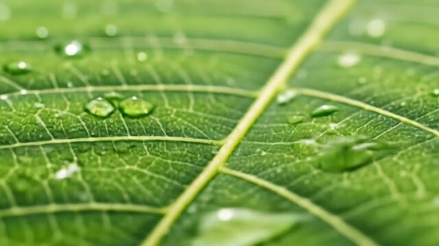Close Up of a Bright Green Leaf with Water Droplets and Visible Veins in Soft Lighting