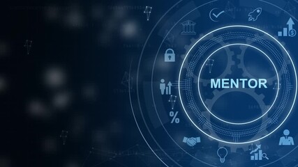 Mentoring concept. Mentoring with mentor advice, support and motivation, Cog Gear Wheel with social media icons on technology abstract 4K Animation background.