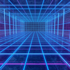 Futuristic Neon Grid Floor with Purple and Blue Lights