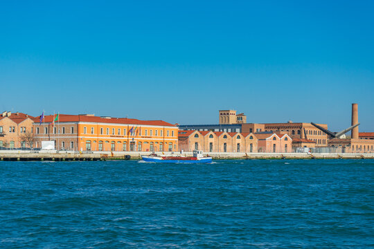 Waterfront view of the Venice Arsenal (Arsenale di Venezia) in Venice, Italy