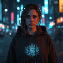 Cyberpunk Woman With Glowing AI Symbol in Neon City at Night