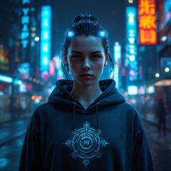 Cyberpunk Woman With Glowing AI Symbol in Neon City at Night