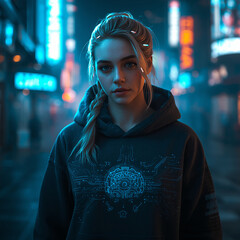 Cyberpunk Woman With Glowing AI Symbol in Neon City at Night