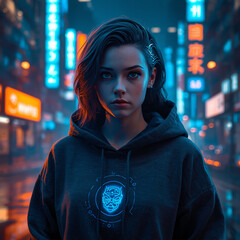 Cyberpunk Woman With Glowing AI Symbol in Neon City at Night