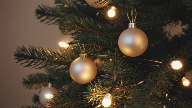 Close-up view of a christmas tree adorned with gold ornaments and twinkling string lights