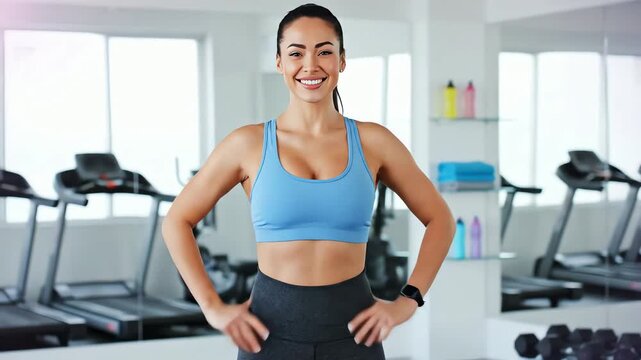 Fit woman smiles confidently in gym after losing weight and feeling better