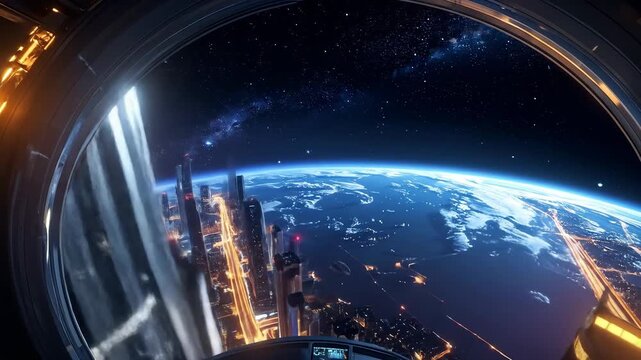 Cityscape Seen from a Spacecraft Window at Night with Glowing City lights against Starry Sky and Planet Earth View