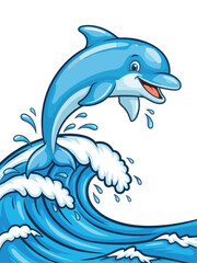Obraz premium Cartoon Dolphin Jumping Over Ocean Wave
