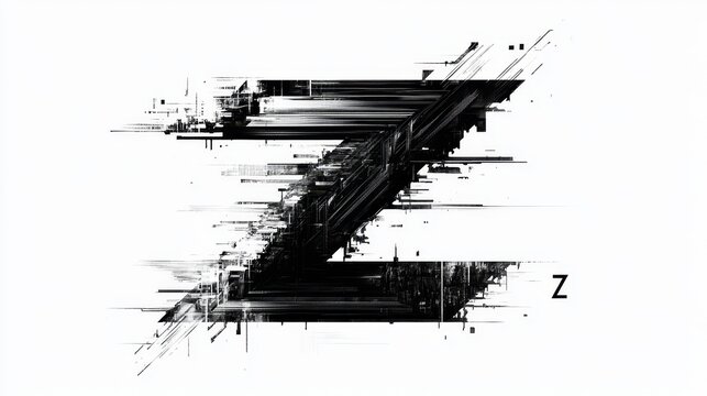 Black and white glitchy representation of the letter Z, showcasing a thin font style that evokes hacker aesthetics and digital distortion