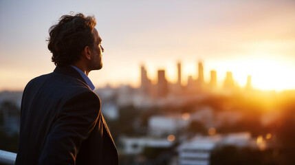 Plakat Faceless businessman watching inspiring sunrise over city skyline back view silhouette composition defocused metropolitan landscape background anonymous professional