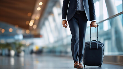 Plakat Faceless businessman in crisp charcoal suit walking purposefully through expansive airport terminal defocused architectural background polished rolling suitcase trailing behind
