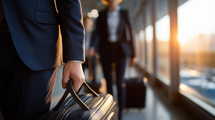 Side view faceless silhouettes of business colleagues pulling luggage heavily defocused airport corridor background anonymous professionals walking without identifying features