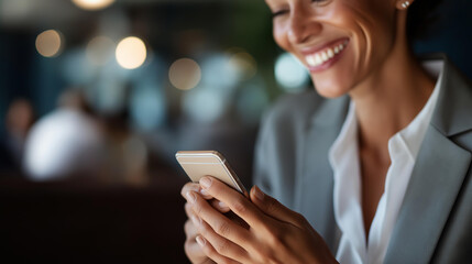 Faceless adult professional woman radiating happiness while using smartphone heavily defocused background environment anonymous figure without visible face extreme soft bokeh