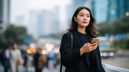 Faceless young fashionable Asian businesswoman confidently using smartphone on bustling urban street defocused city background anonymous professional without visible face