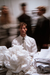 motion core editorial shot, model in white shirt and tie sitting calmly on messy office desk, piles of documents around, blurred figures walking fast in background, surreal fashion alethic