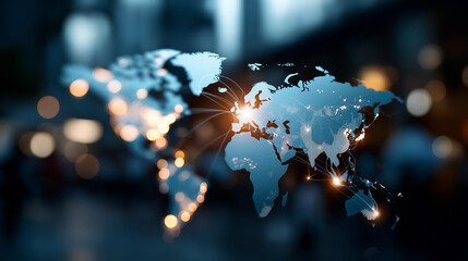 International business concept with global visualization defocused background elements soft bokeh worldwide commerce representation blurred geographic details cross border