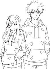 Valentine's Day Special: Anime Couple Line Art Vector Illustration. 14 February Romantic Manga Sketch for T-shirt Print.