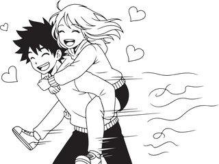 Valentine's Day Special: Anime Couple Line Art Vector Illustration. 14 February Romantic Manga Sketch for T-shirt Print.