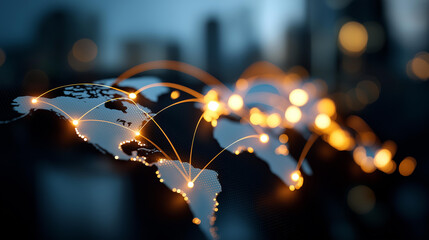 Digital world map interface with glowing neon connection points defocused background elements futuristic global network visualization illuminated data nodes across continents