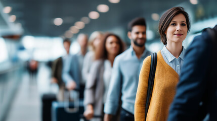 Fototapeta premium Faceless multi ethnic diverse professionals traveling together as team defocused airport surroundings anonymous international business group without visible faces corporate