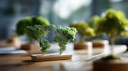 Creative world map artistically created from green trees defocused background elements ecological visualization with environmental message soft focus sustainable business