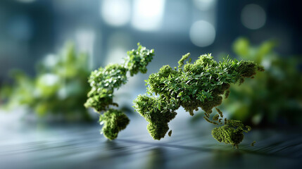 Creative world map artistically created from green trees defocused background elements ecological visualization with environmental message soft focus sustainable business