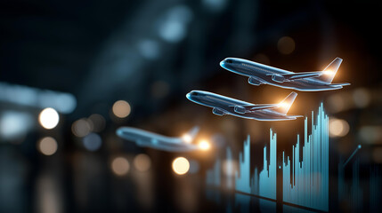 Futuristic travel planning visualization with floating holographic airplane icons defocused background elements interactive world map interface glowing soft bokeh rising bar