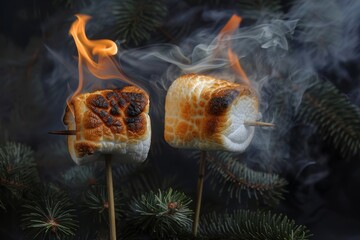 Two marshmallows on sticks are roasting over a fire, turning golden brown and smoking in a forest backdrop