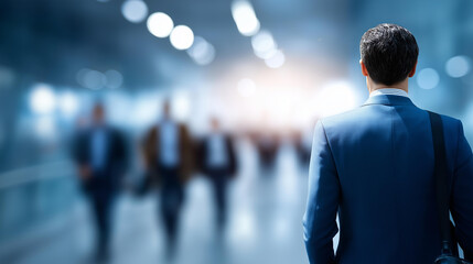 Fototapeta premium Professional business travel concept with faceless sophisticated figure heavily defocused corporate environment anonymous executive journey visualization without identifying