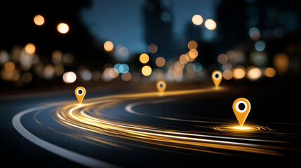 Luminous glowing pathway with distinct checkpoint markers and milestones defocused surrounding environment soft bokeh strategic business roadmap visualization blurred