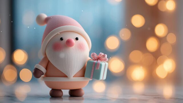 A small, pink santa with a blue box in his hands. The scene is set in a room. Pastel santa carrying tiny present, surrounded by gentle light bokeh, clean aesthetic, pastel christmas santa background