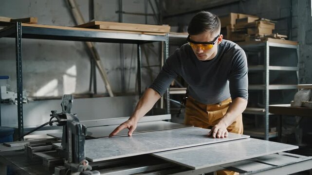 Carpenter Inspecting Sheet of Plywood in Workshop, Evaluating Quality and Preparing for Precise Cutting and Woodworking Project.