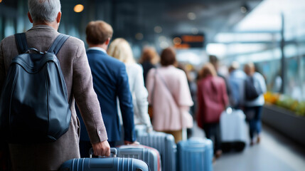 Large group of faceless travelers with diverse suitcases at airport heavily defocused terminal background anonymous passengers congregating without visible faces departure