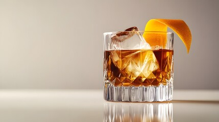 Ultra realistic old fashioned cocktail in crystal rocks glass with large ice cubes and orange peel on minimal neutral background