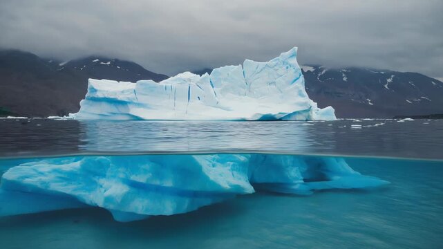 A massive iceberg floats in cold ocean water, captured in a split-level view