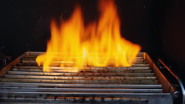 Bright orange fire blazing on a dirty metal grill grate in the darkness