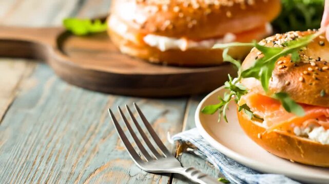 Delicious Smoked Salmon Bagel with Cream Cheese and Fresh Greens on a Light Blue Rustic Wood Table