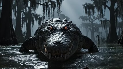Alligator emerges from swamp water, creeping forward with menacing red eyes, showcasing a lurking predator in the wetlands.