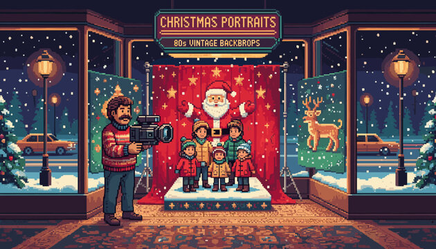 Nostalgic pixel art scene of a family getting their Christmas portrait taken with Santa Claus in a cozy, retro 1980s style photo studio while it snows outside at night