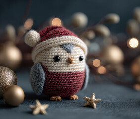 Cute crochet owl in red Santa hat with golden accents and festive lights in soft focus..Perfect for holiday greeting cards, seasonal product listings, or winter craft features.