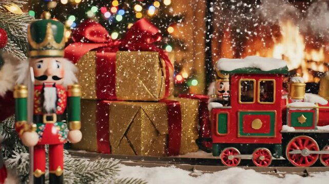 Festive holiday display featuring santa claus nutcracker and model train